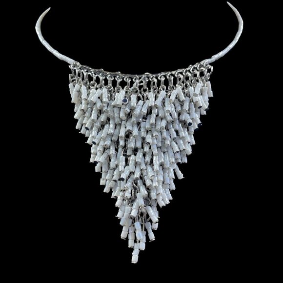 White Beaded Fringe Statement Necklace Boho Festival Tribal Inspired Jewelry 14" - Picture 2 of 6